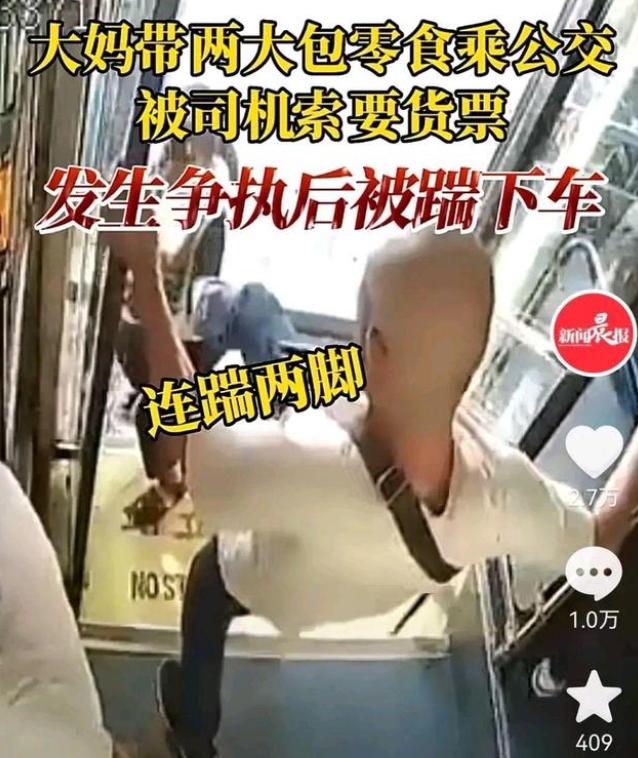 大妈坐公交车捣乱被抓（大妈带两大包零食坐公交被男子踹下车）(2)