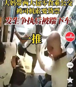 ​大妈坐公交车捣乱被抓（大妈带两大包零食坐公交被男子踹下车）