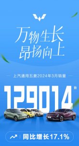​上汽通用五菱 3 月整体销量 129014 台，同比增长 17.1%