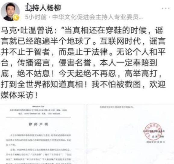 央视主持杨柳被传5次婚史，被此事伤害7年，他本人发律师函回应