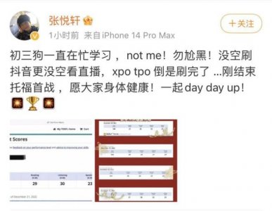 ​张亮儿子张悦轩晒托福高分成绩 否认关注网红