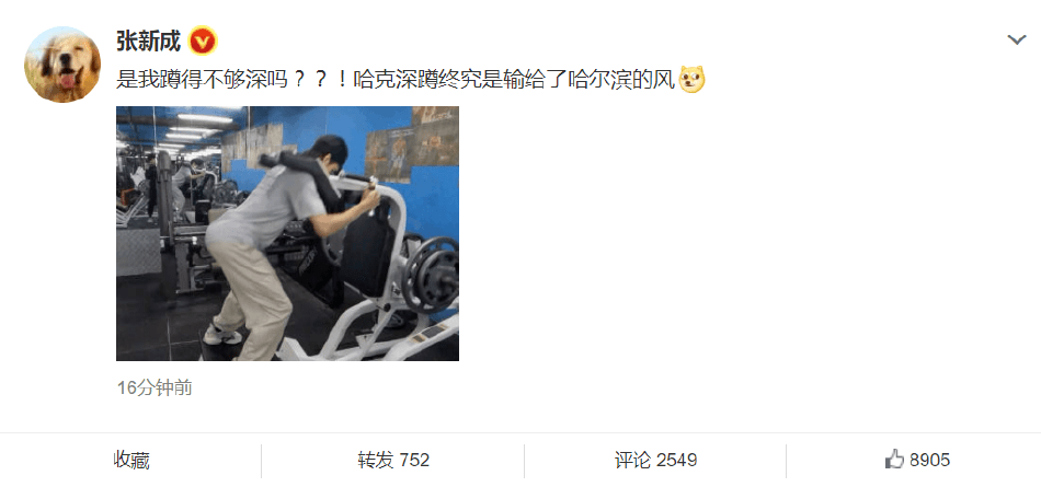 张新成晒深蹲动图回应屁垫争议 调侃哈克深蹲终究输给了哈尔滨的风