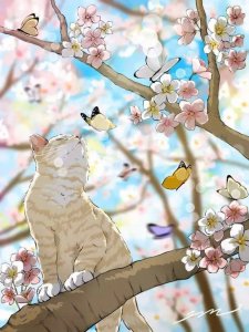 ​猫咪板绘插画，二次元猫咪唯美壁纸